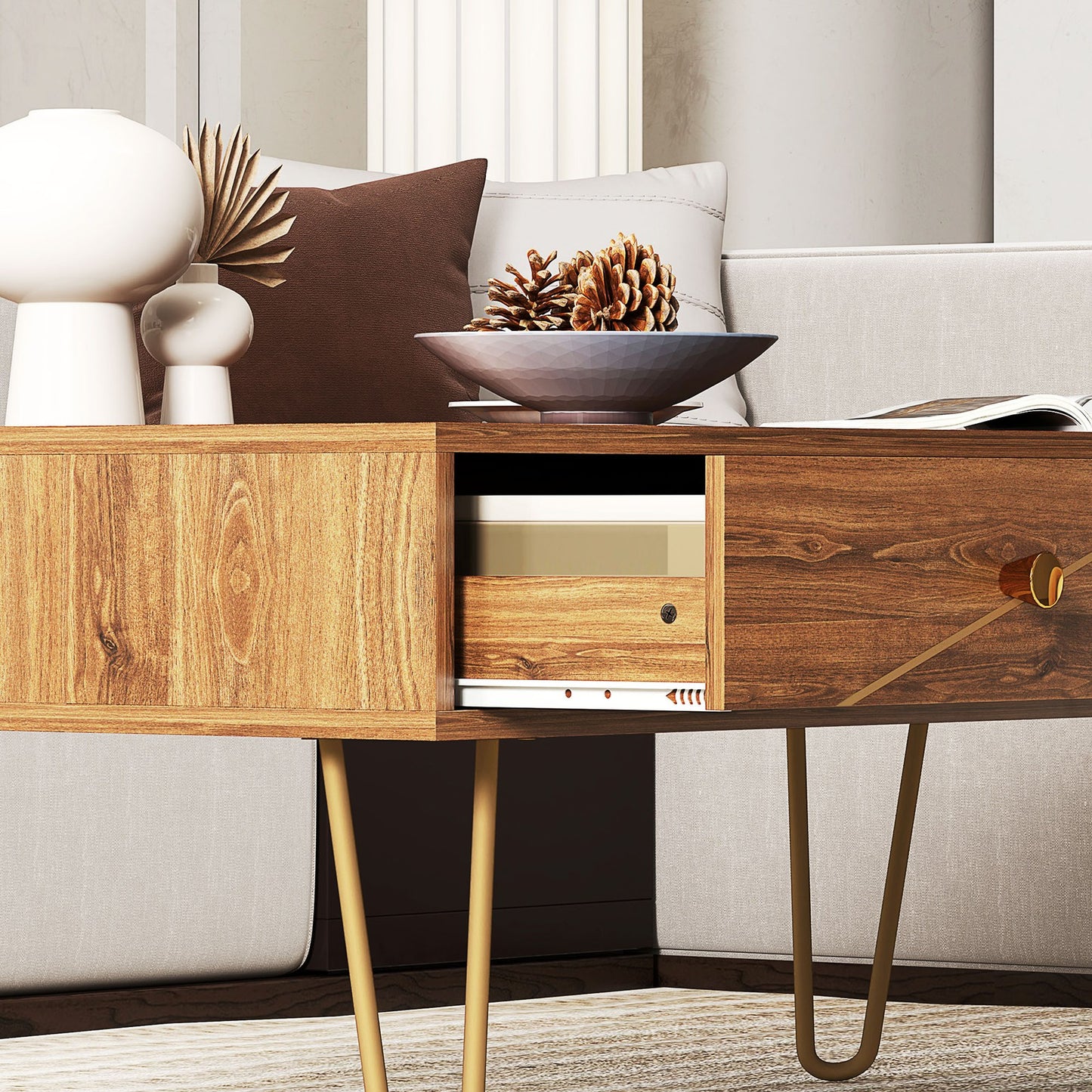 Coffee Table with Storage, Living Room Tea Table with Drawers, Steel Base, Brown