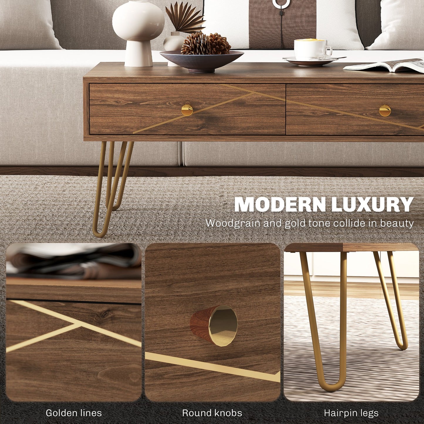Coffee Table with Storage, Living Room Tea Table with Drawers, Steel Base, Brown