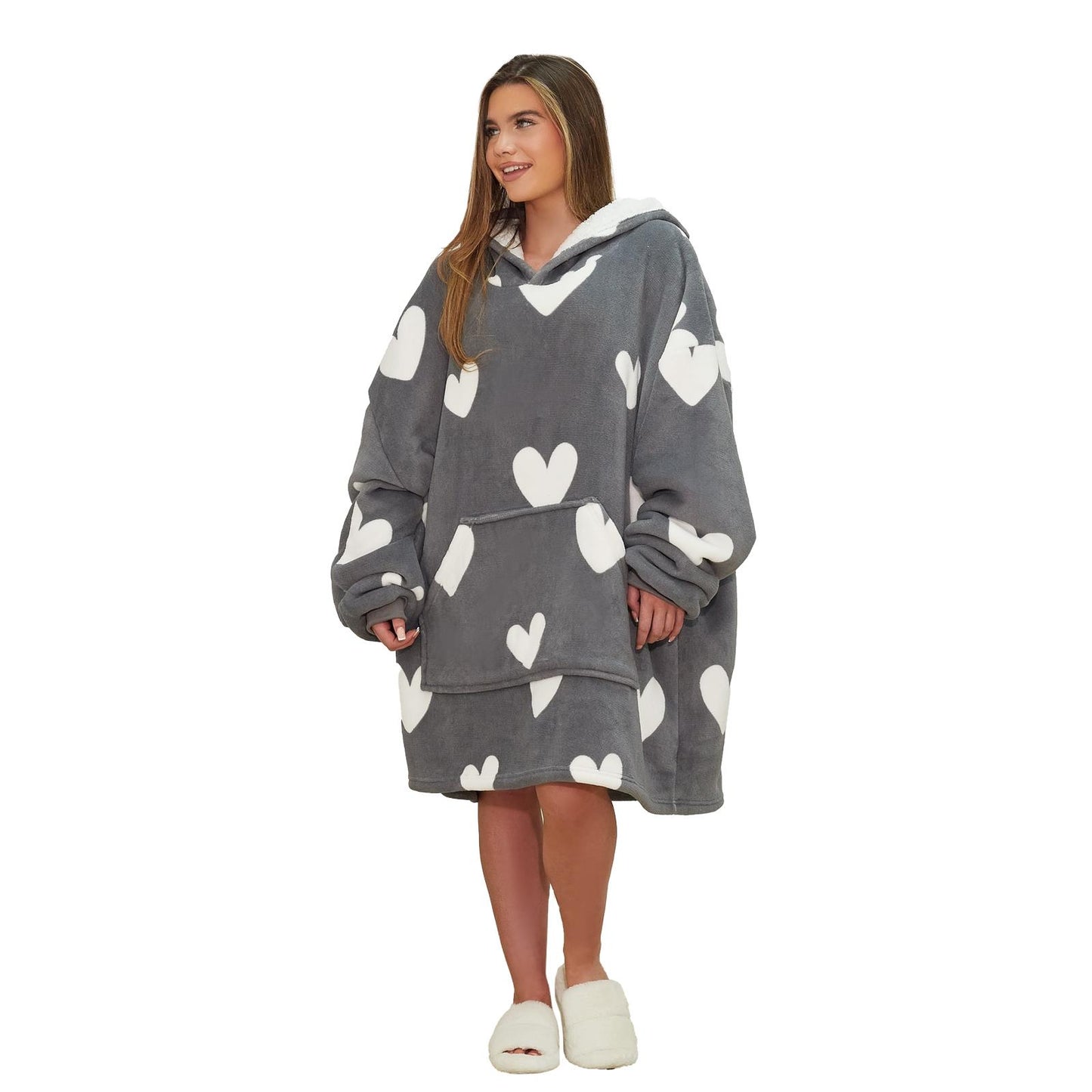 Dreamscene Heart Print Hoodie Blanket Oversized Adult Fleece Sherpa Throw Jumper