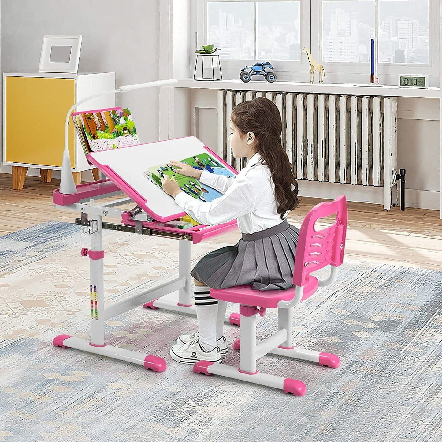 Kids Desk and Chair Set Adjustable Student Study Table W/Drawable Tabletop &Lamp
