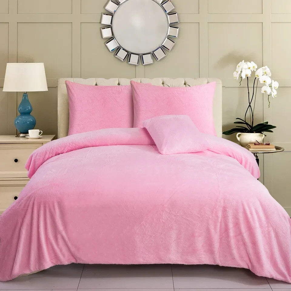 Teddy Fleece Duvet Cover & Pillowcase Bedding King Size Soft Warm Pink Colour