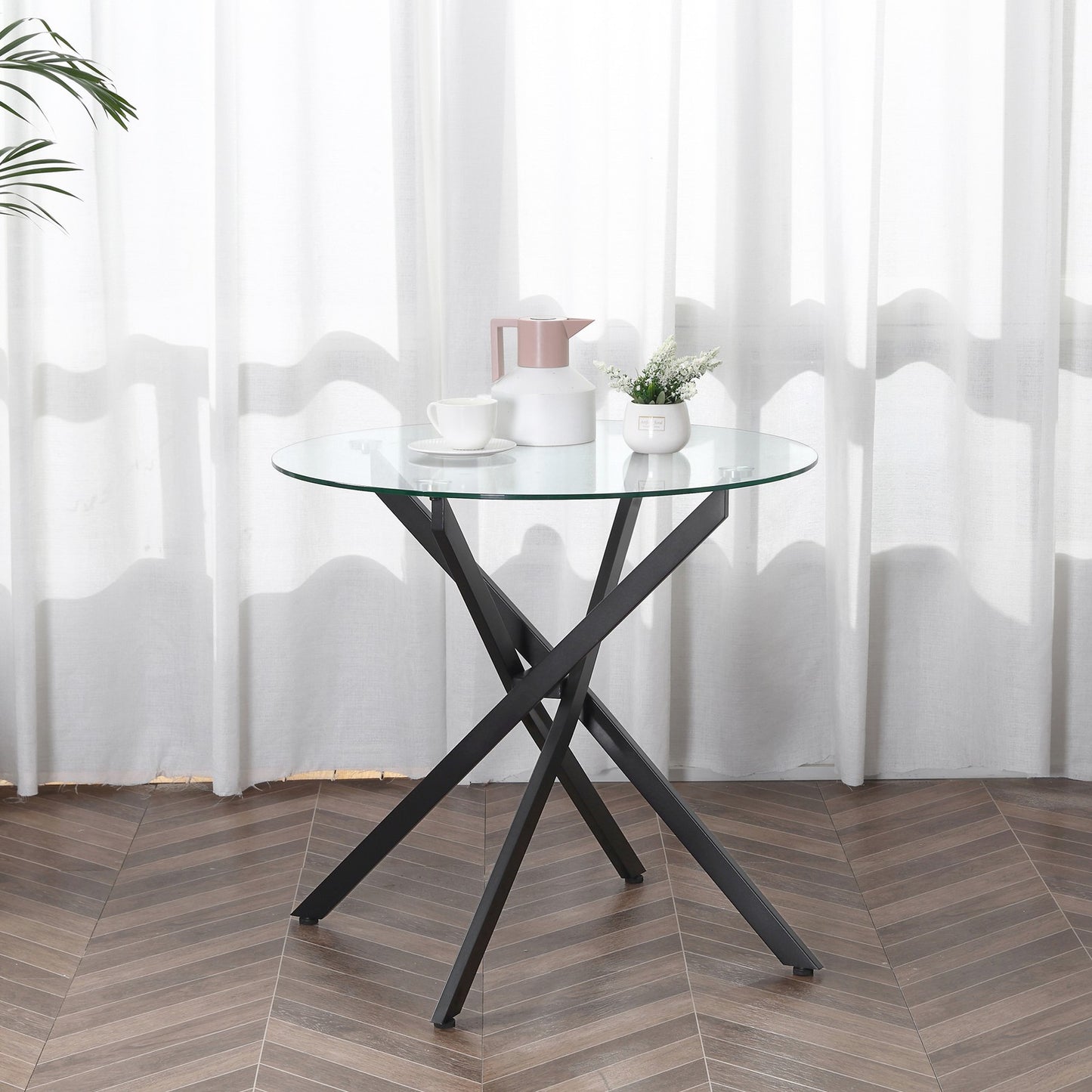 HOMCOM Clear Glass Side Table round Metal Dining Table Dining Living Room Black