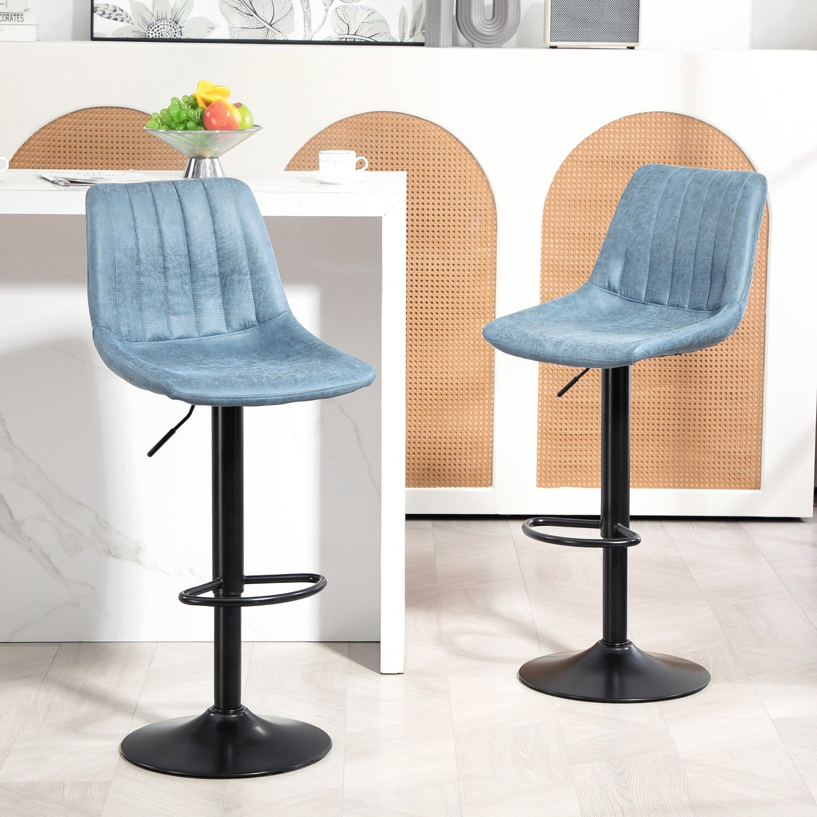 HOMCOM Set of 2 Microfibre Retro Tub Bar Stools Metal Frame Footrest Seat Blue