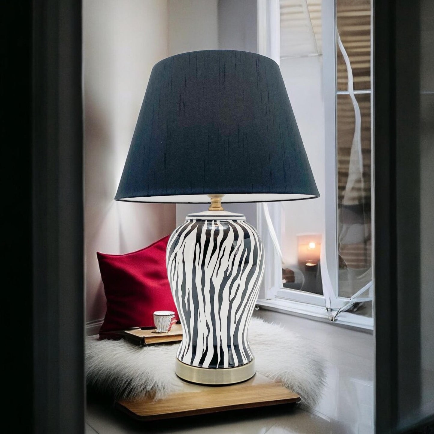Modern Zebra Ceramic Table Lamp with Drum Black Shade 64Cm Large Bedroom Hallway
