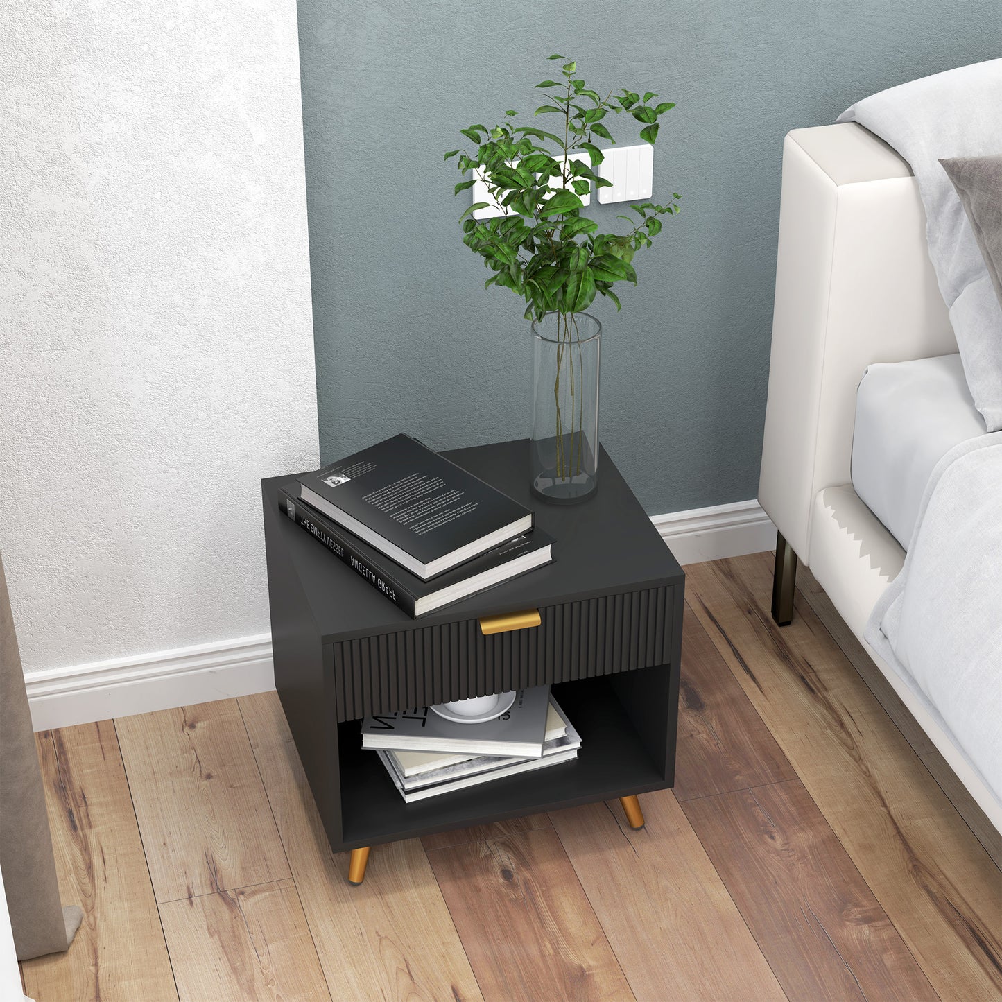End Table with Drawer and Open Compartment for Bedroom