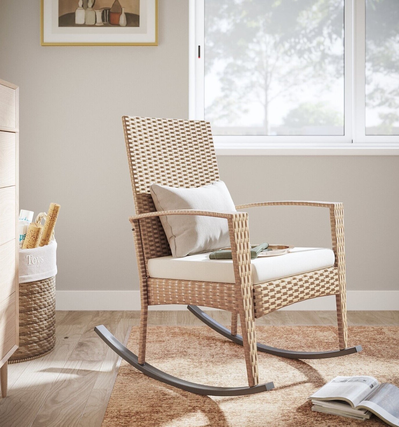 Mondeer PE Wicker Rocking Chair W/ Removable Cushion Wicker Rocking Armchair