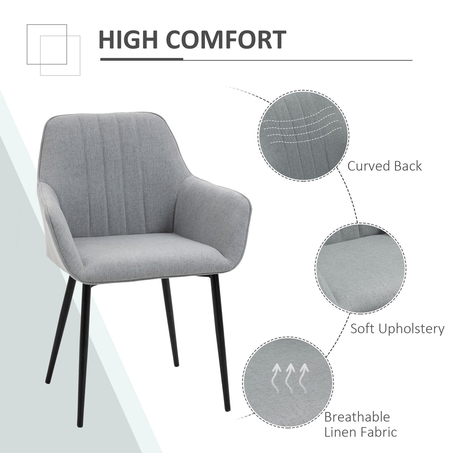 Dining Chairs Set of 2, Linen Fabric Accent Chairs Metal Legs, Light Grey