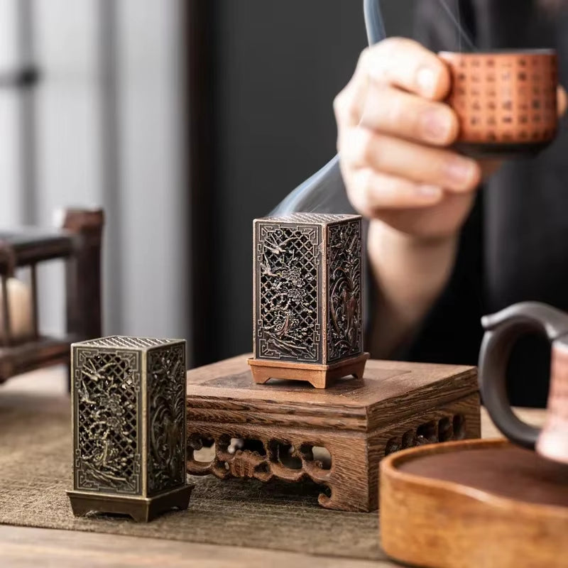 Square Alloy Incense Burner with Plum Design