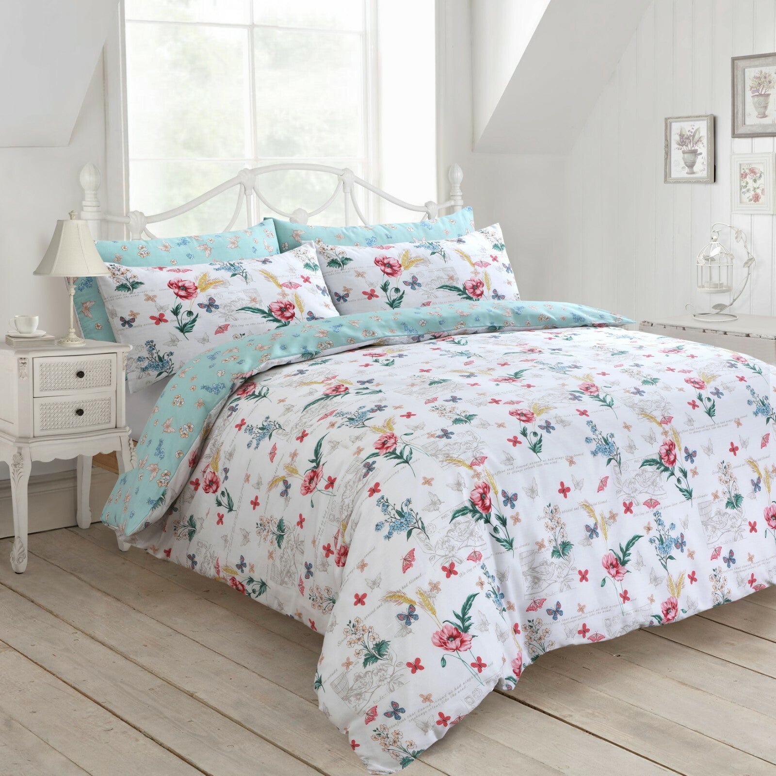 Traditional Reversible Toile Floral Printed Duvet Cover & Pillowcase Bedding Set
