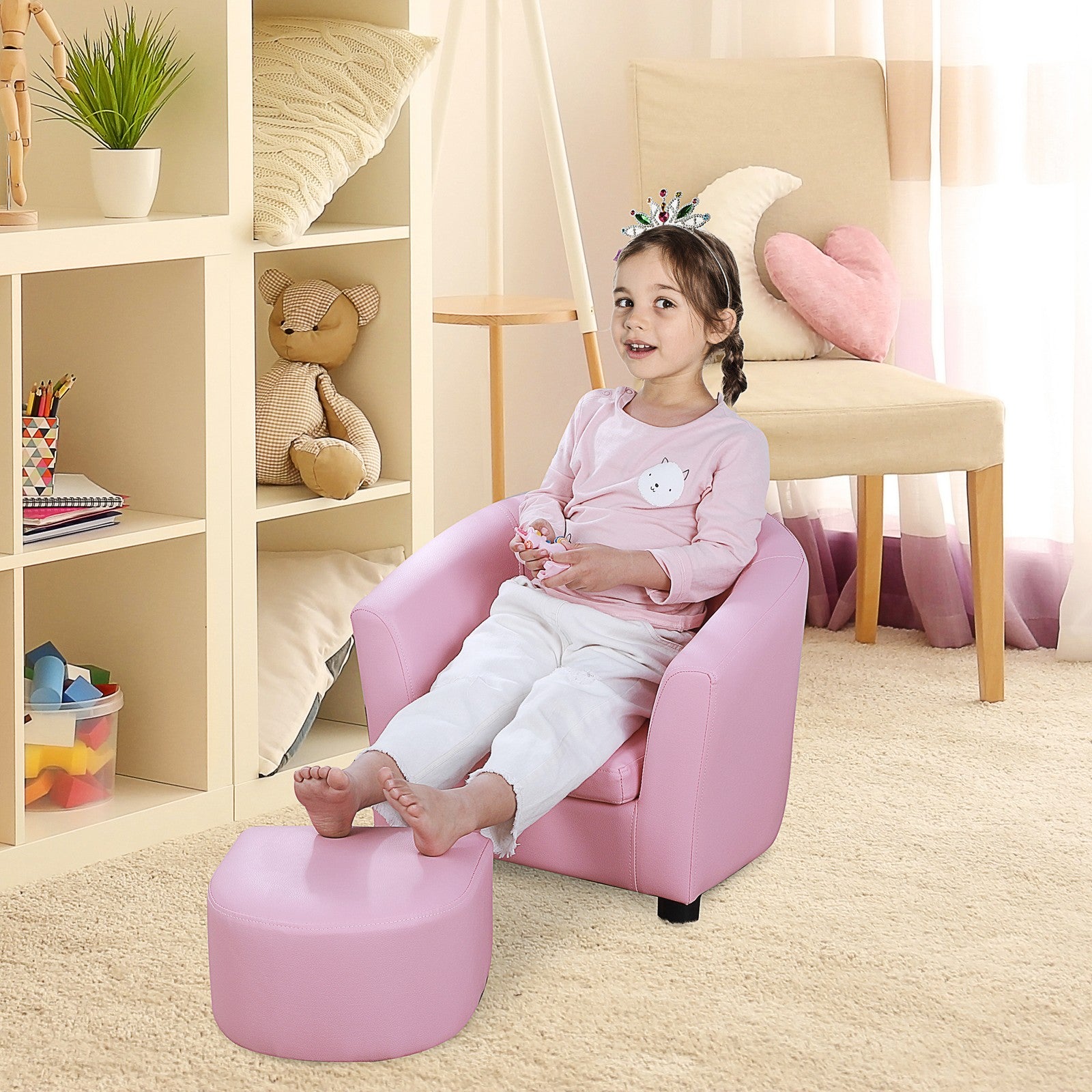 Kids Sofa Set Children Armchair Thick Padding Toddler Chair with Ottoman Pink