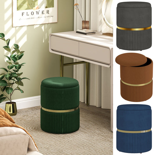 Round Storage Foot Stool, Velvet-Feel Fabric Upholstered Pouffe