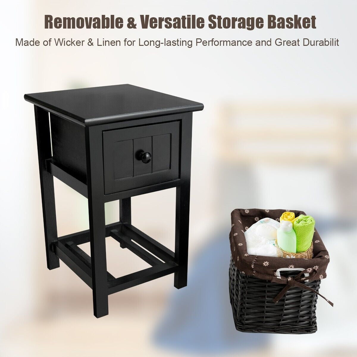 Set of 2 Nightstands with Removable Baskets and Drawers