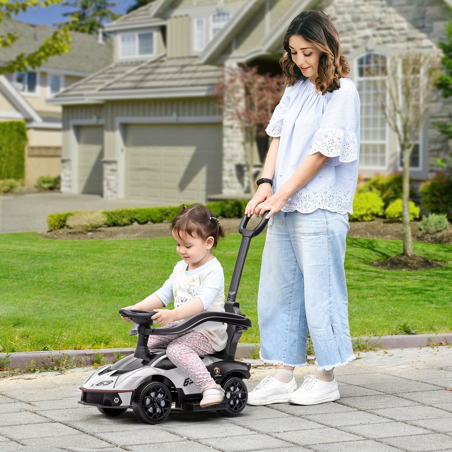 AIYAPLAY Lamborghini 2 in 1 Baby Ride on Push Car Toddler Push along Car, White