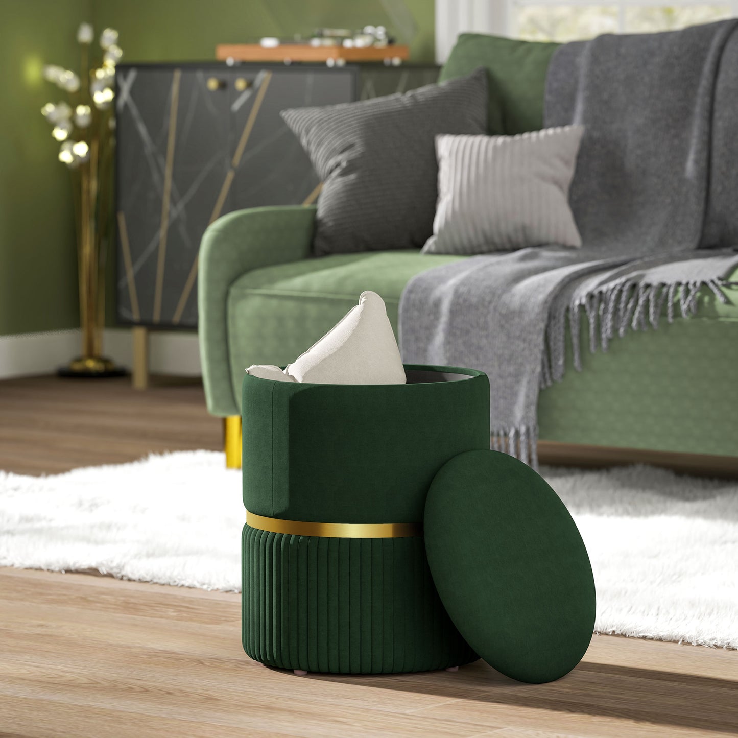 Round Storage Foot Stool, Velvet-Feel Fabric Upholstered Pouffe