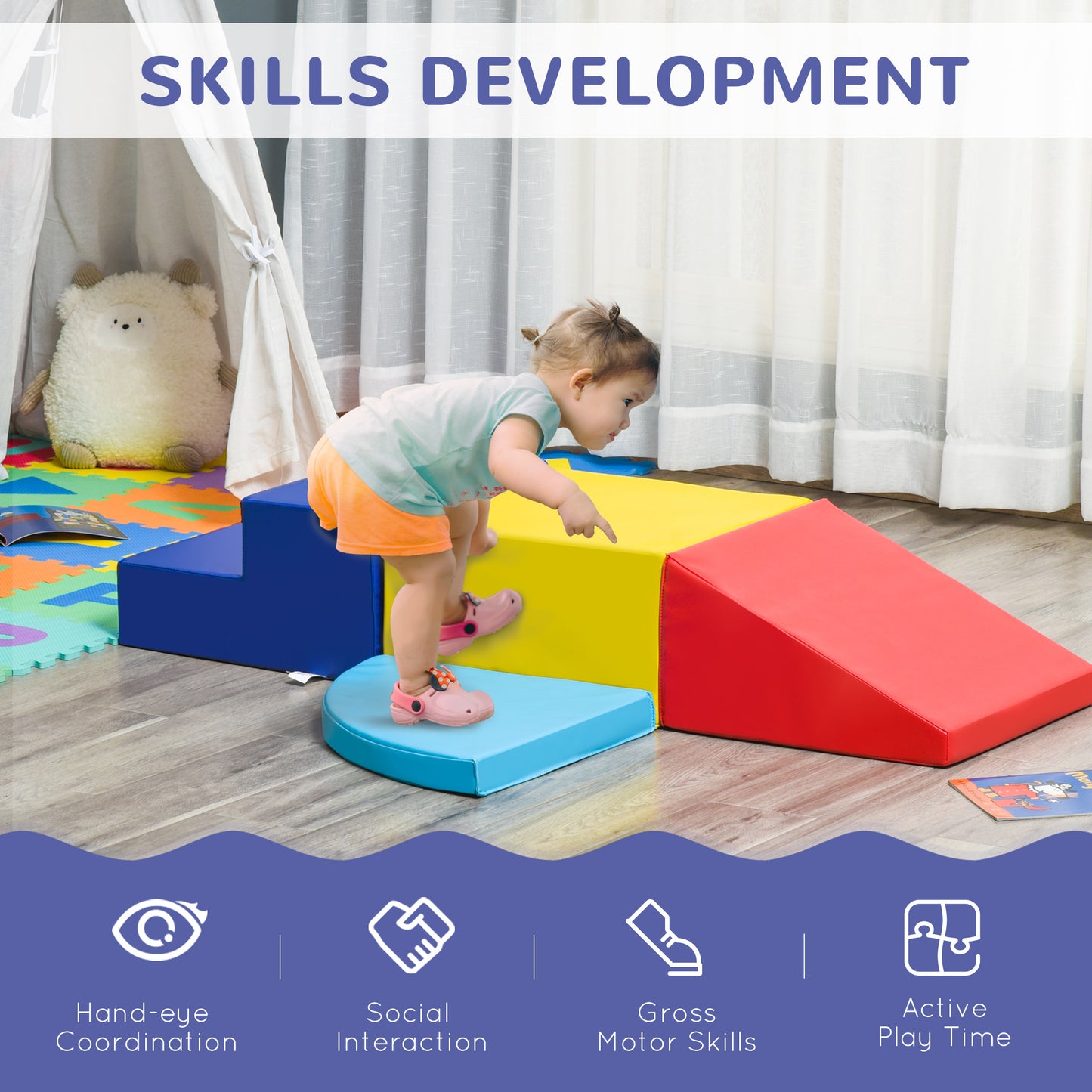 4-Piece Soft Play Set Climb and Crawl Foam Toddler Stairs and Ramp for Baby