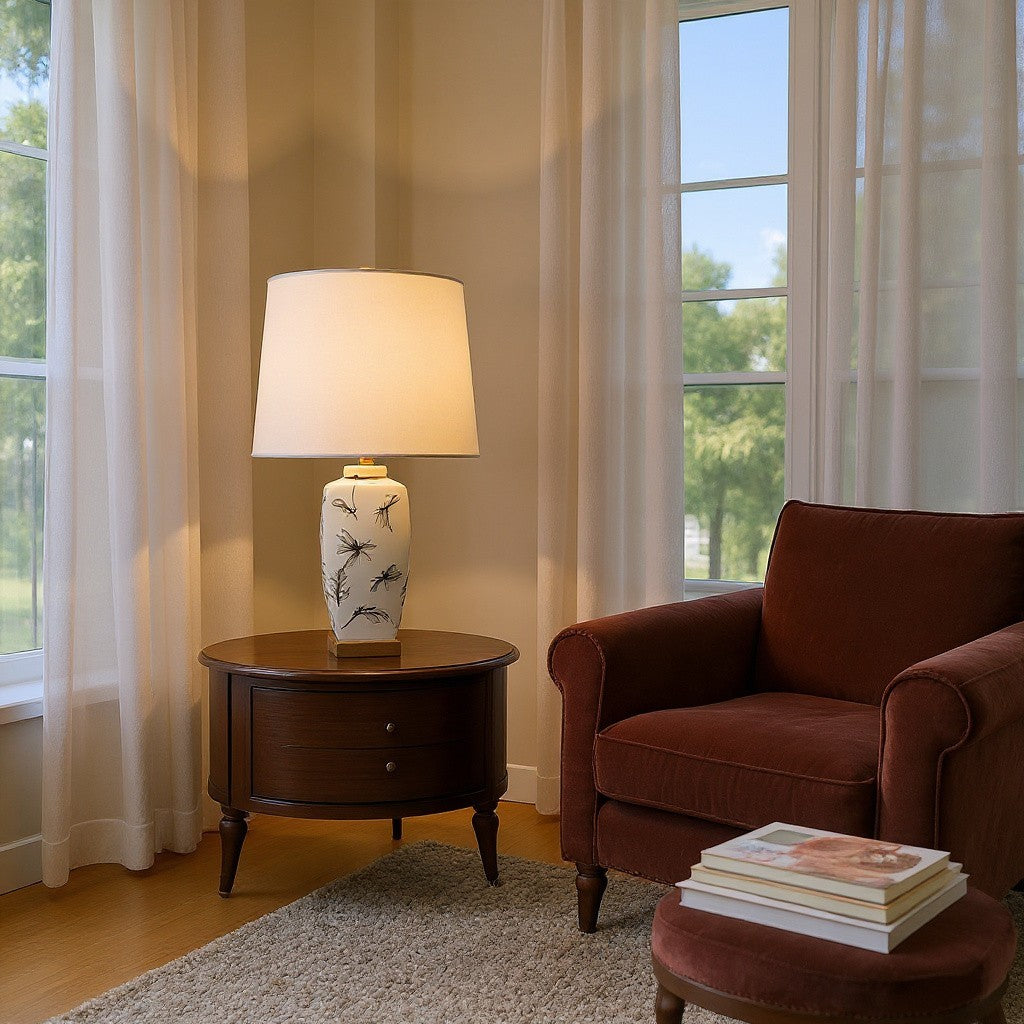 64Cm Dragonfly Ceramic Table Lamp with Pleated Drum Shade – Elegant Home Decor