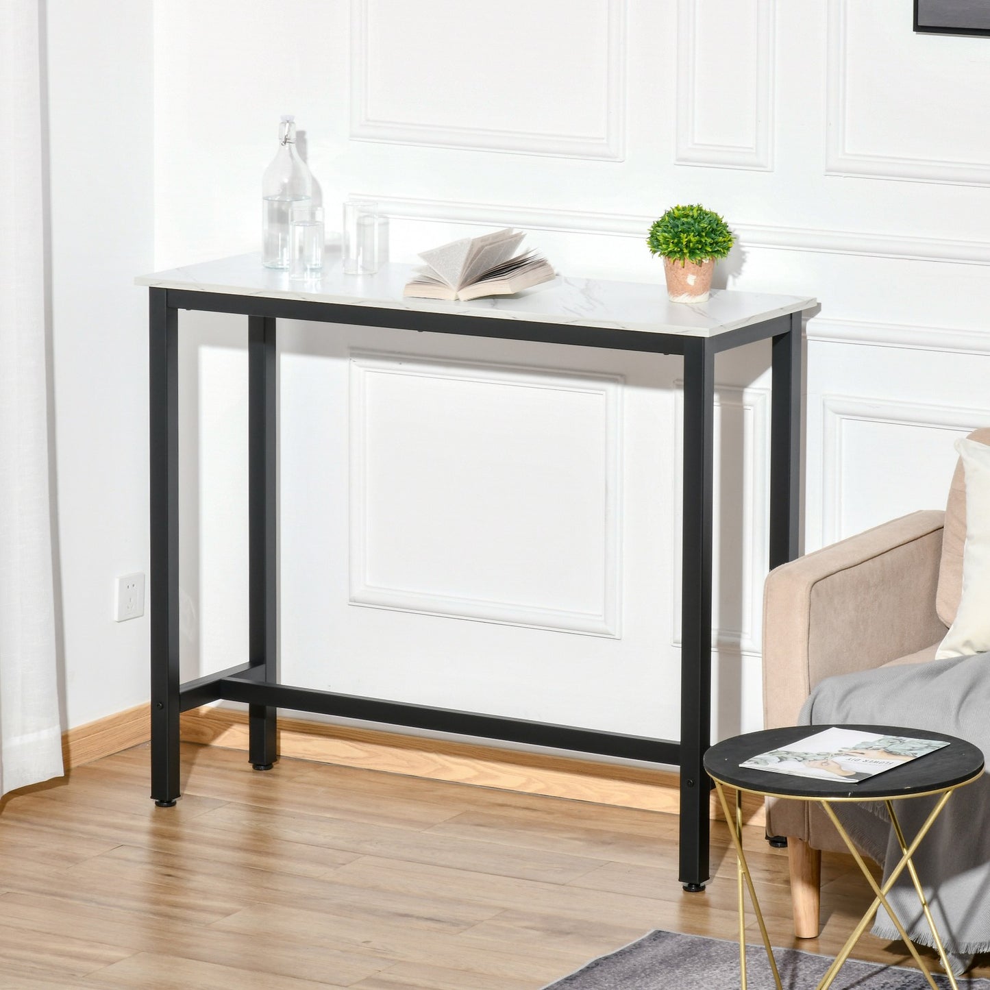 Adjustable Bar Table for Breakfast and Dining - White and Black with Footpads