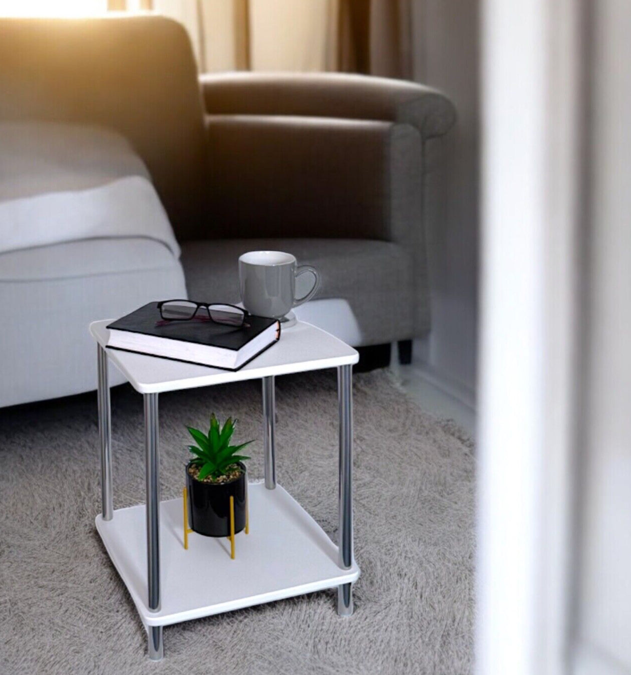 Small 2 Tier White Gloss Finish Side Table with Shelf Bedroom Coffee End Table