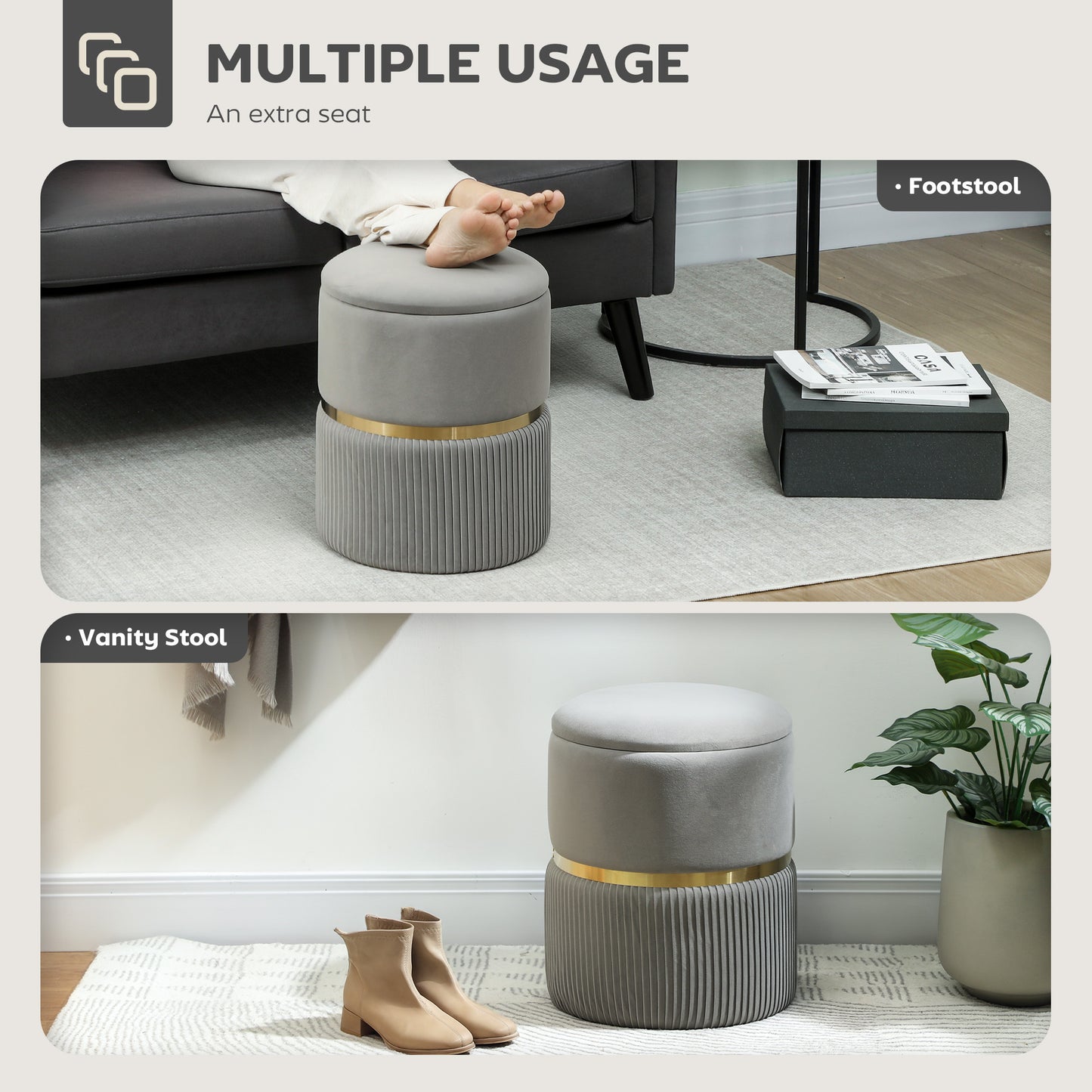 Round Storage Foot Stool, Velvet-Feel Fabric Upholstered Pouffe