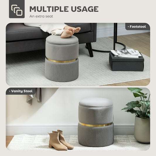 Round Storage Foot Stool, Velvet-Feel Fabric Upholstered Pouffe