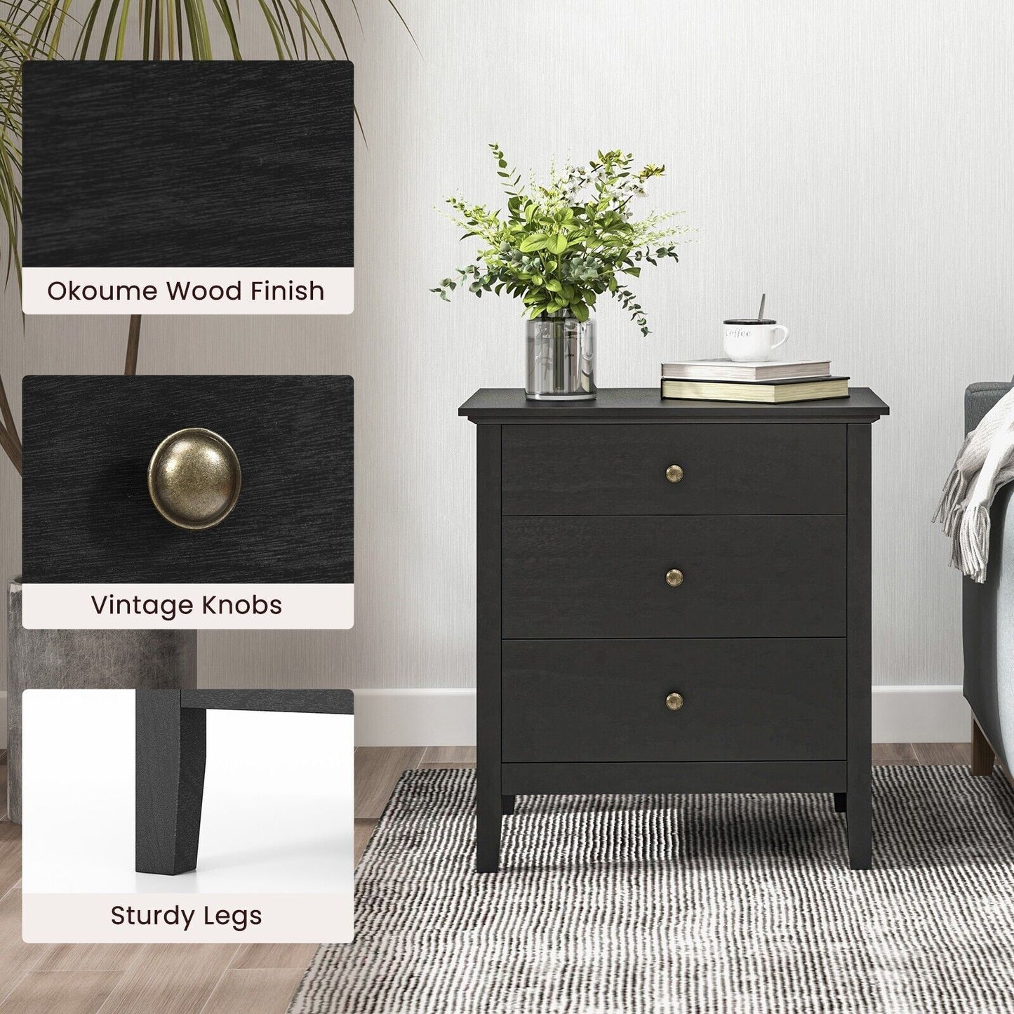 Costway 3-Drawer Nightstand Bedroom Wooden Bed Side Table Modern End Table