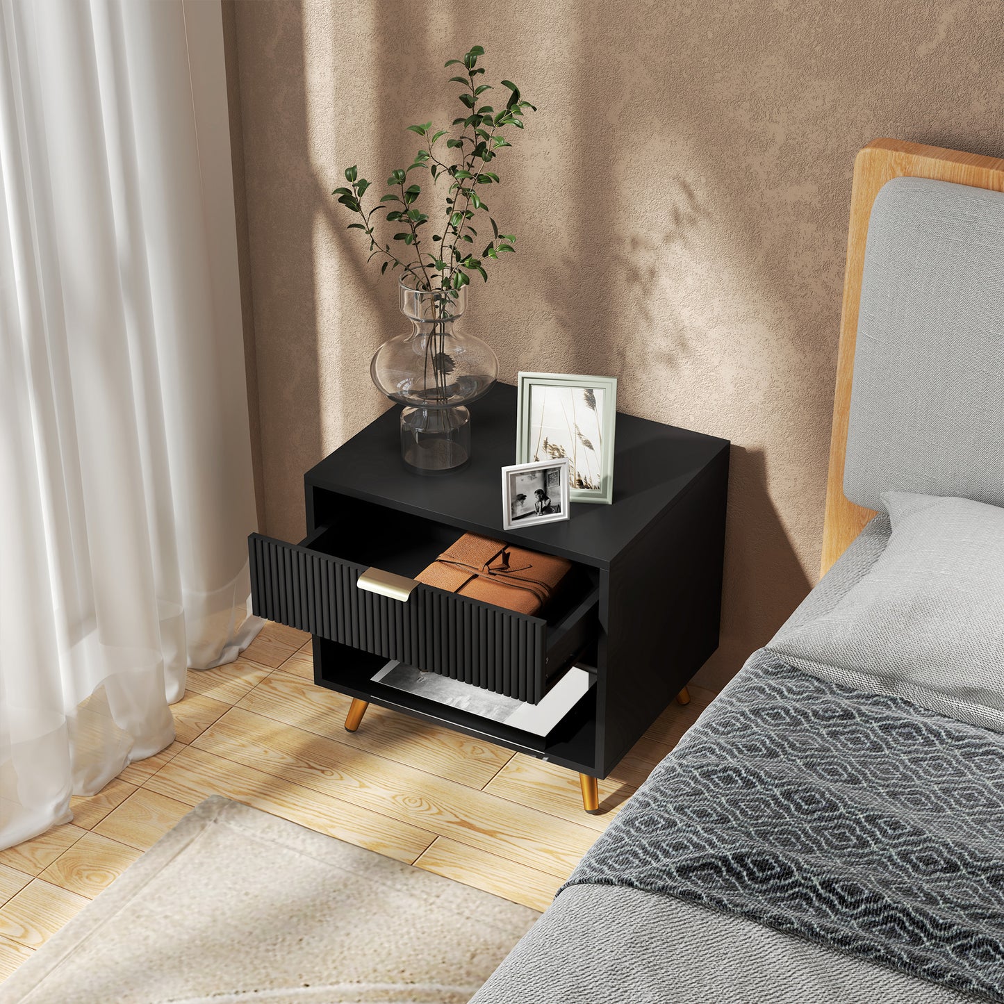 End Table with Drawer and Open Compartment for Bedroom
