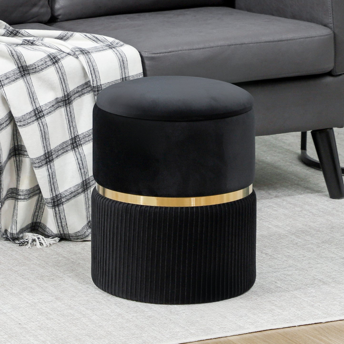Round Storage Foot Stool, Velvet-Feel Fabric Upholstered Pouffe