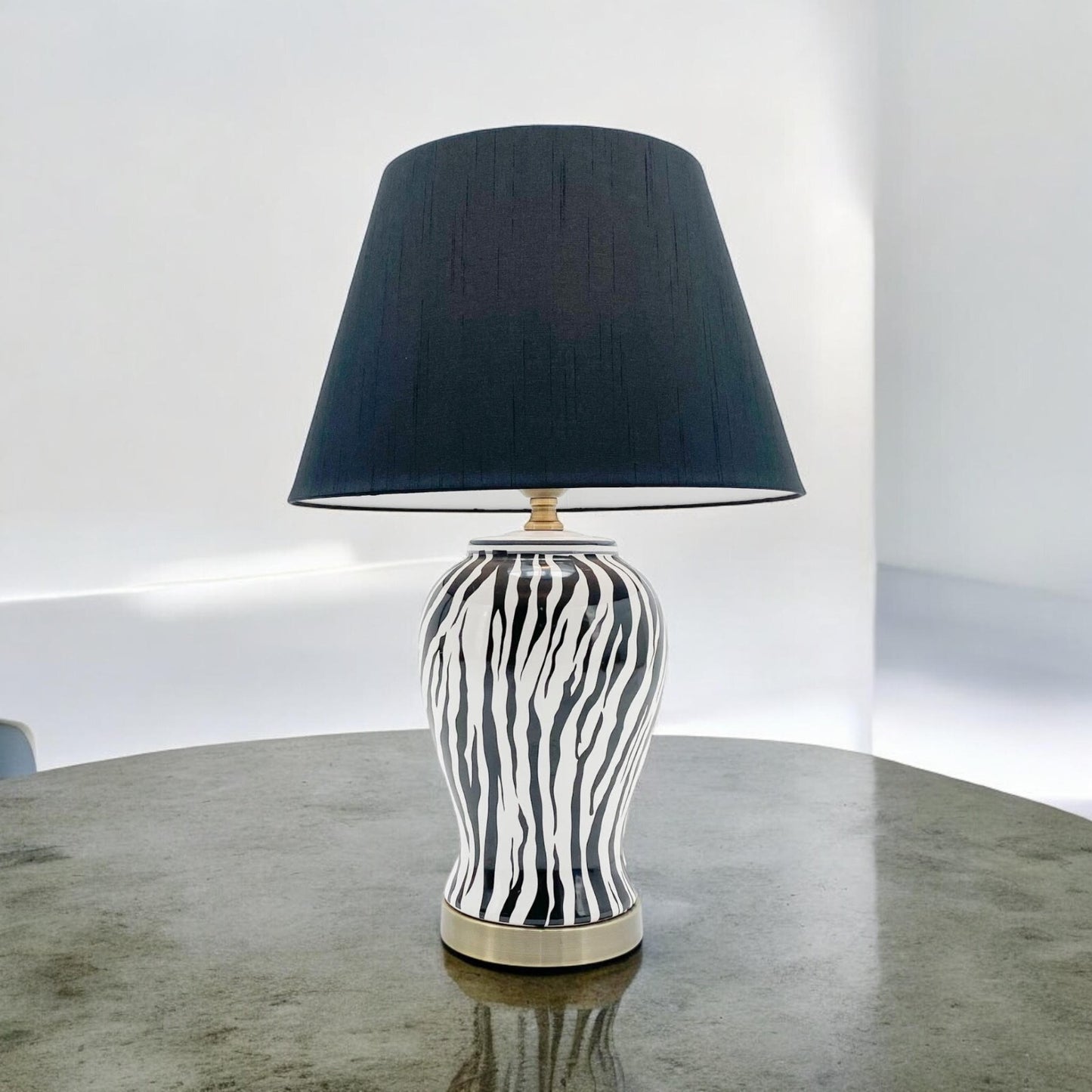 Modern Zebra Ceramic Table Lamp with Drum Black Shade 64Cm Large Bedroom Hallway