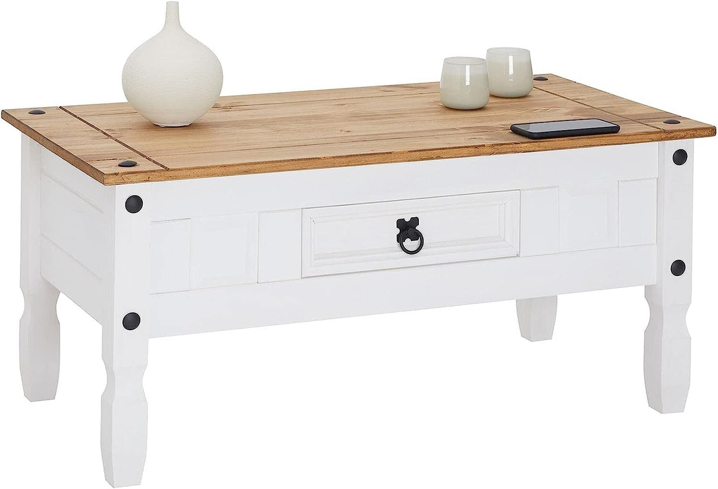 Corona White Coffee Table 1 Drawer Solid Wood Occasional Table Mexican Pine