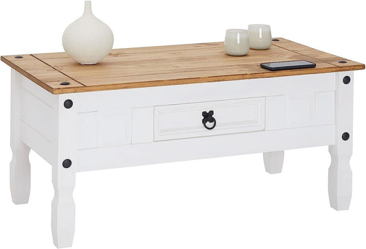 Corona White Coffee Table 1 Drawer Solid Wood Occasional Table Mexican Pine