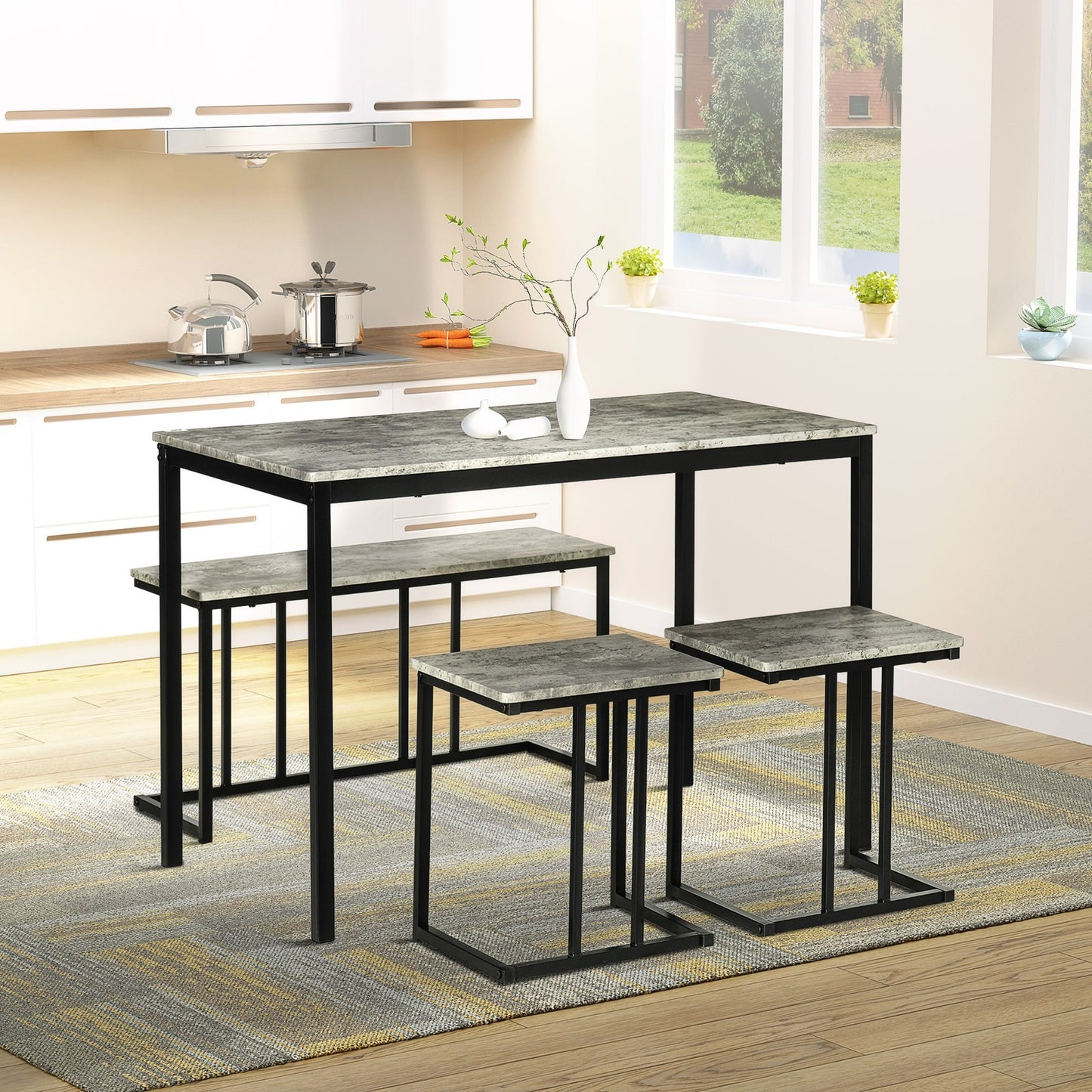 Dining Table Set, Concrete Effect Kitchen Table and Chairs for 4 People, Grey