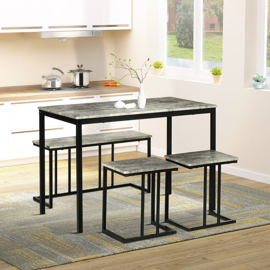 Dining Table Set, Concrete Effect Kitchen Table and Chairs for 4 People, Grey