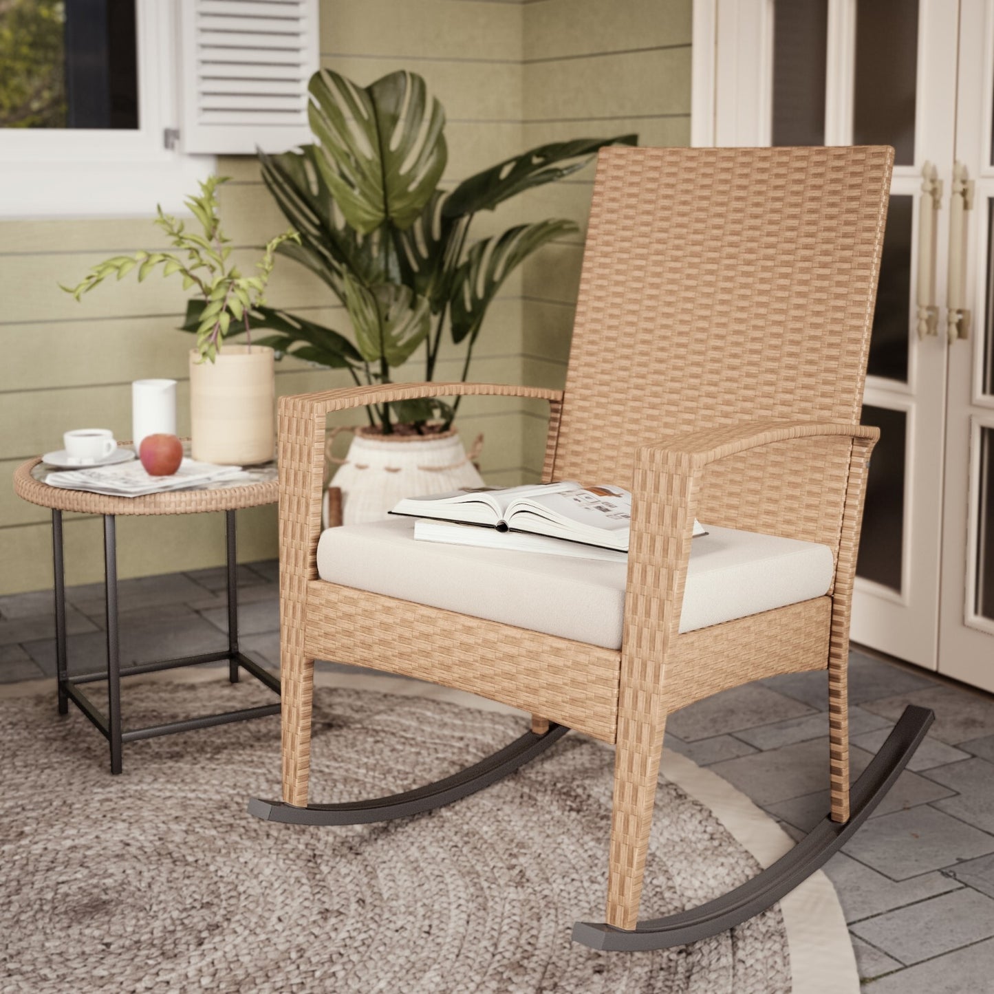 Mondeer PE Wicker Rocking Chair W/ Removable Cushion Wicker Rocking Armchair