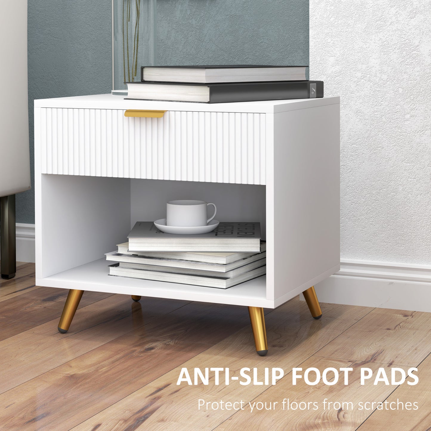 End Table with Drawer and Open Compartment for Bedroom