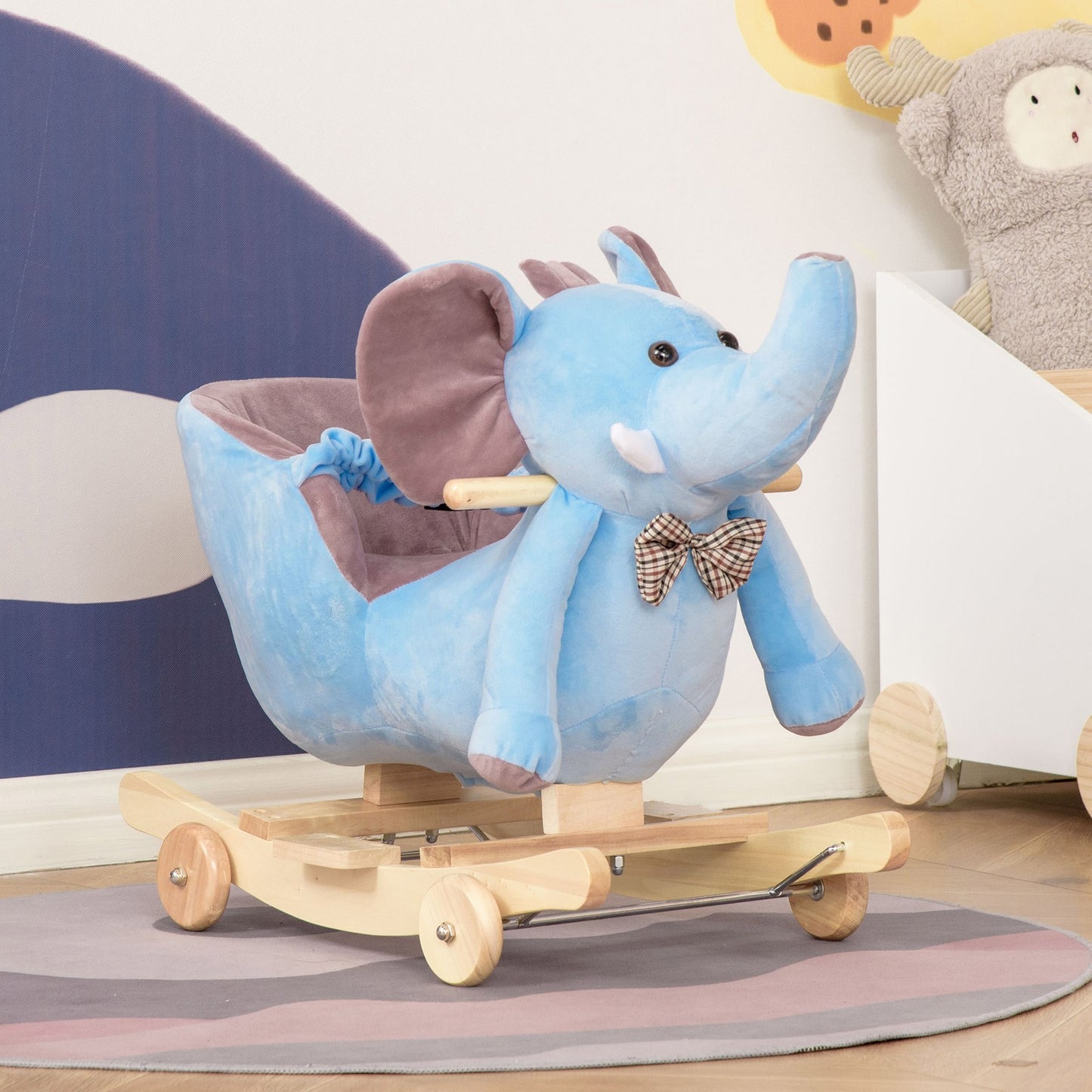 HOMCOM 2-In-1 Baby Rocking Horse Ride on Elephant W/ Wheels Music, Blue