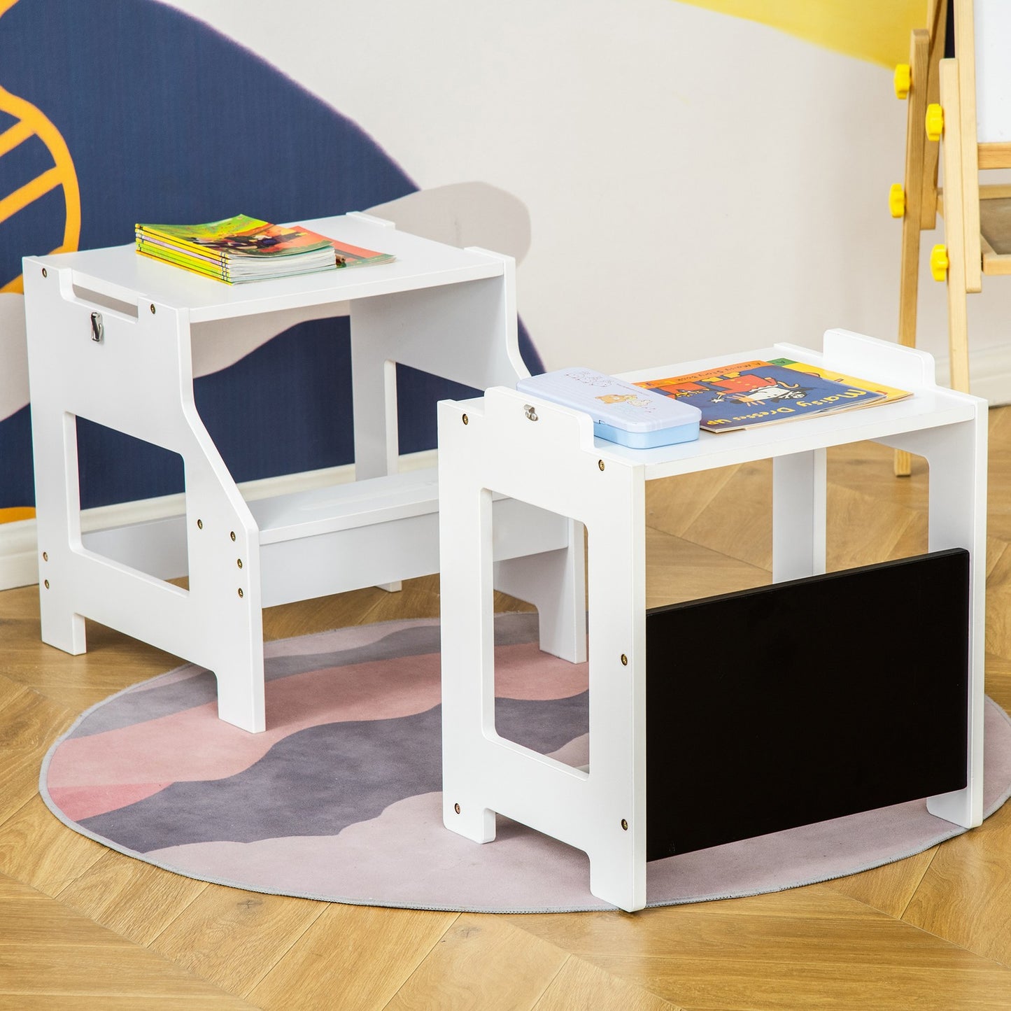 2-In-1 Kids Kitchen Step Stool Table Chair Set W/ Safety Rail Chalkboard, White