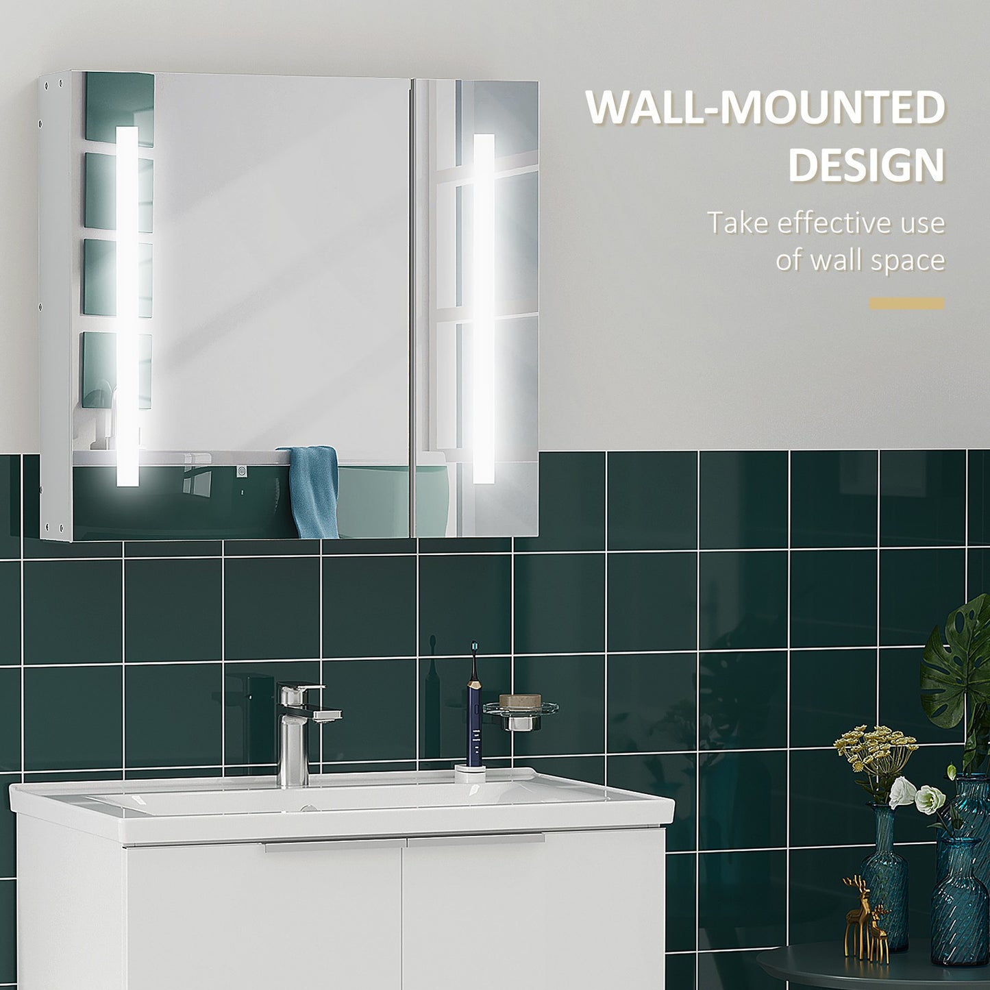 LED Illuminated Bathroom Mirror Cabinet with Lights, Touch Switch, Wall Mounted