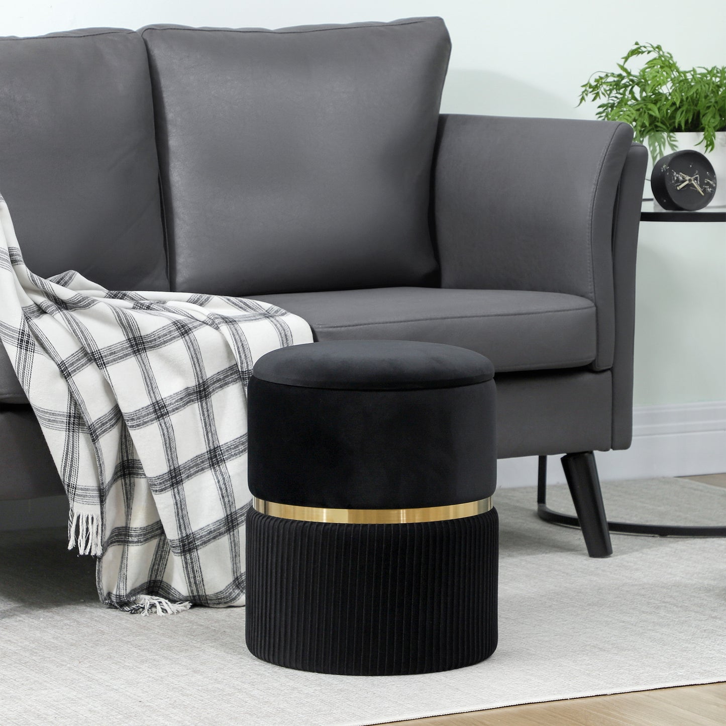 Round Storage Foot Stool, Velvet-Feel Fabric Upholstered Pouffe