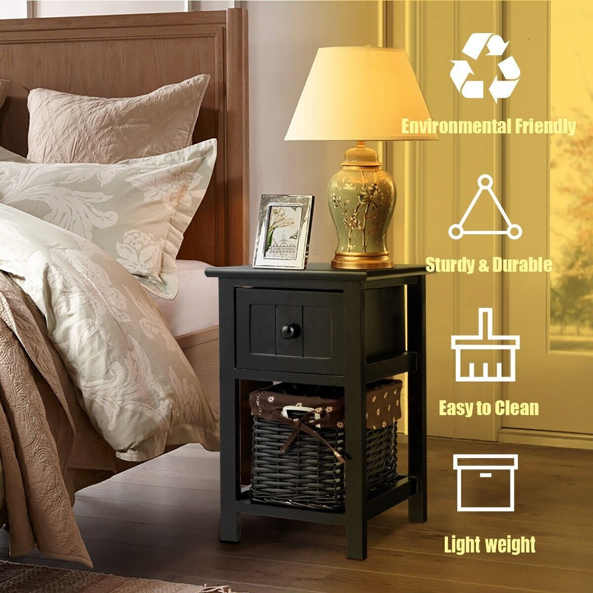 Set of 2 Nightstands with Removable Baskets and Drawers