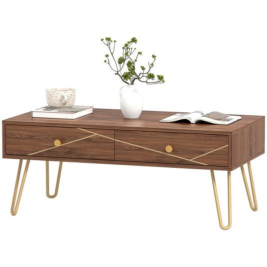 Coffee Table with Storage, Living Room Tea Table with Drawers, Steel Base, Brown