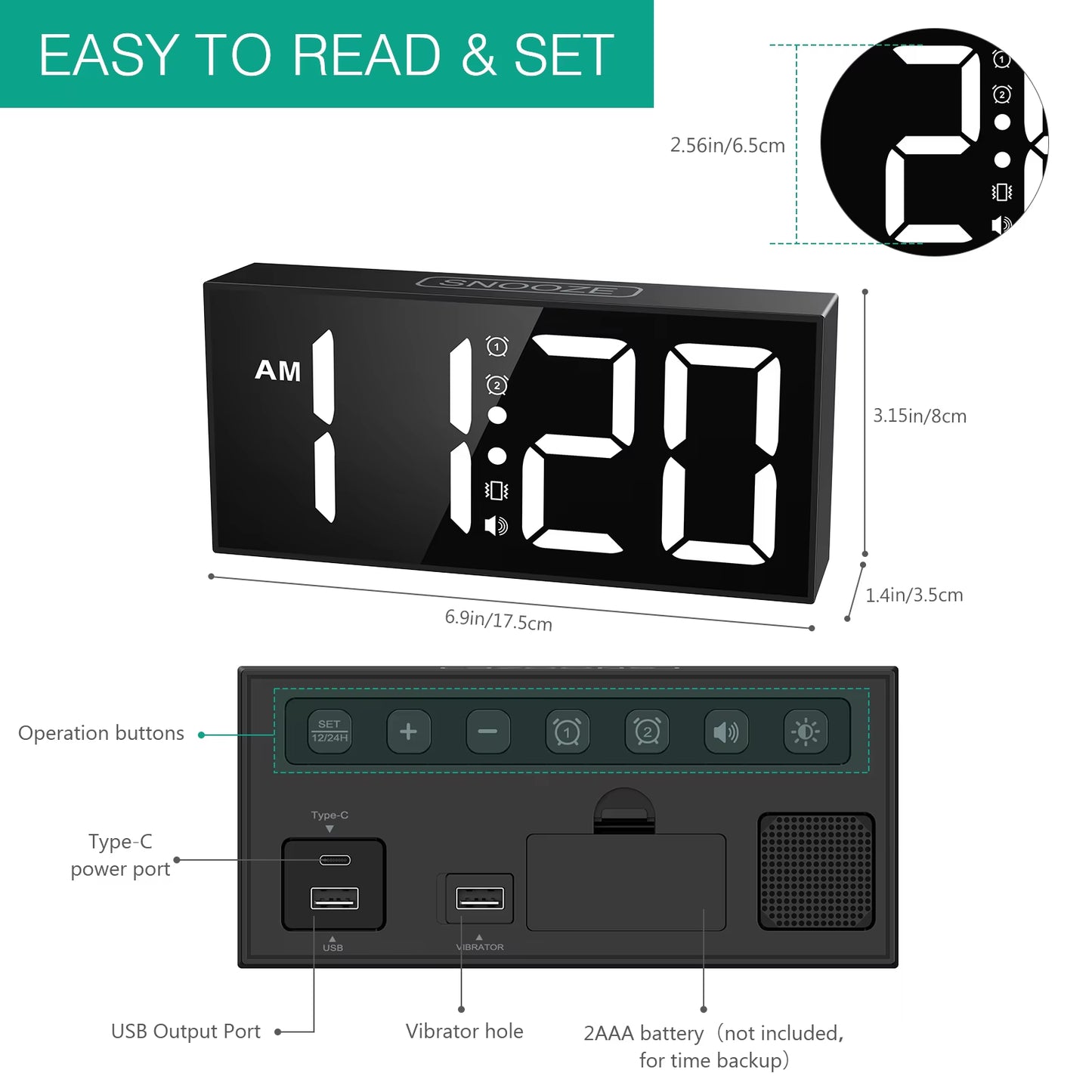 ORIA 7.5" Vibrating LED Alarm Clock