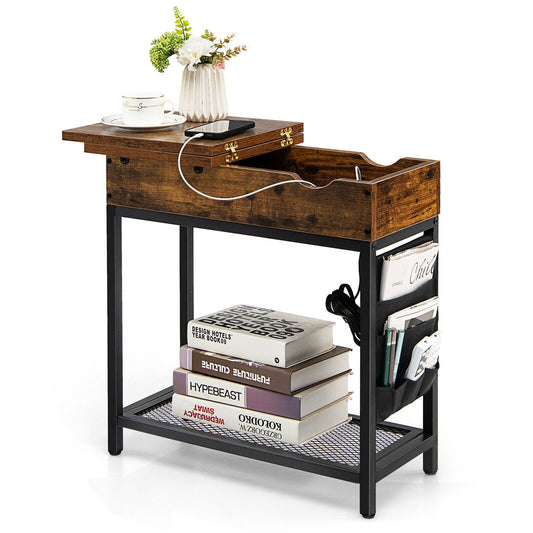 2-Tier Side Table End Table W/Usb Ports & Flip Top Narrow Nightstand for Bedroom