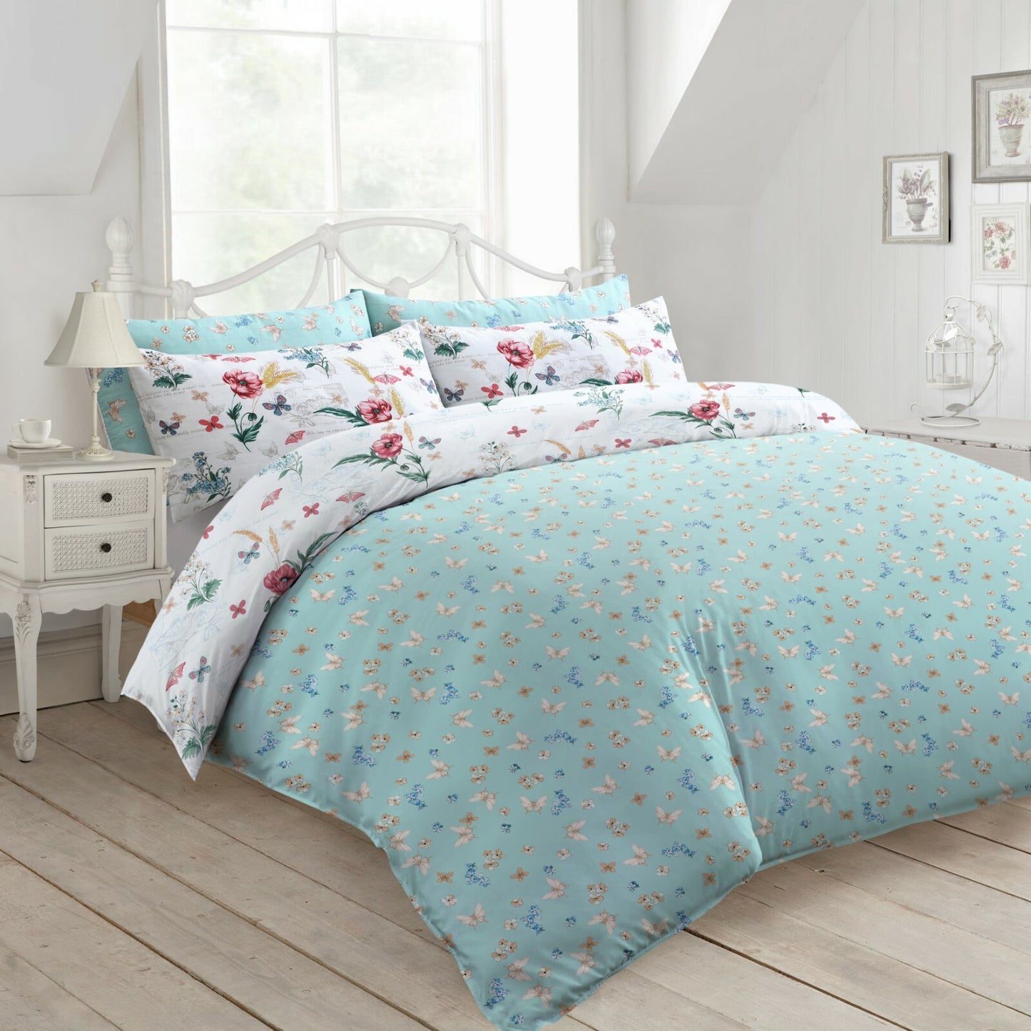 Traditional Reversible Toile Floral Printed Duvet Cover & Pillowcase Bedding Set