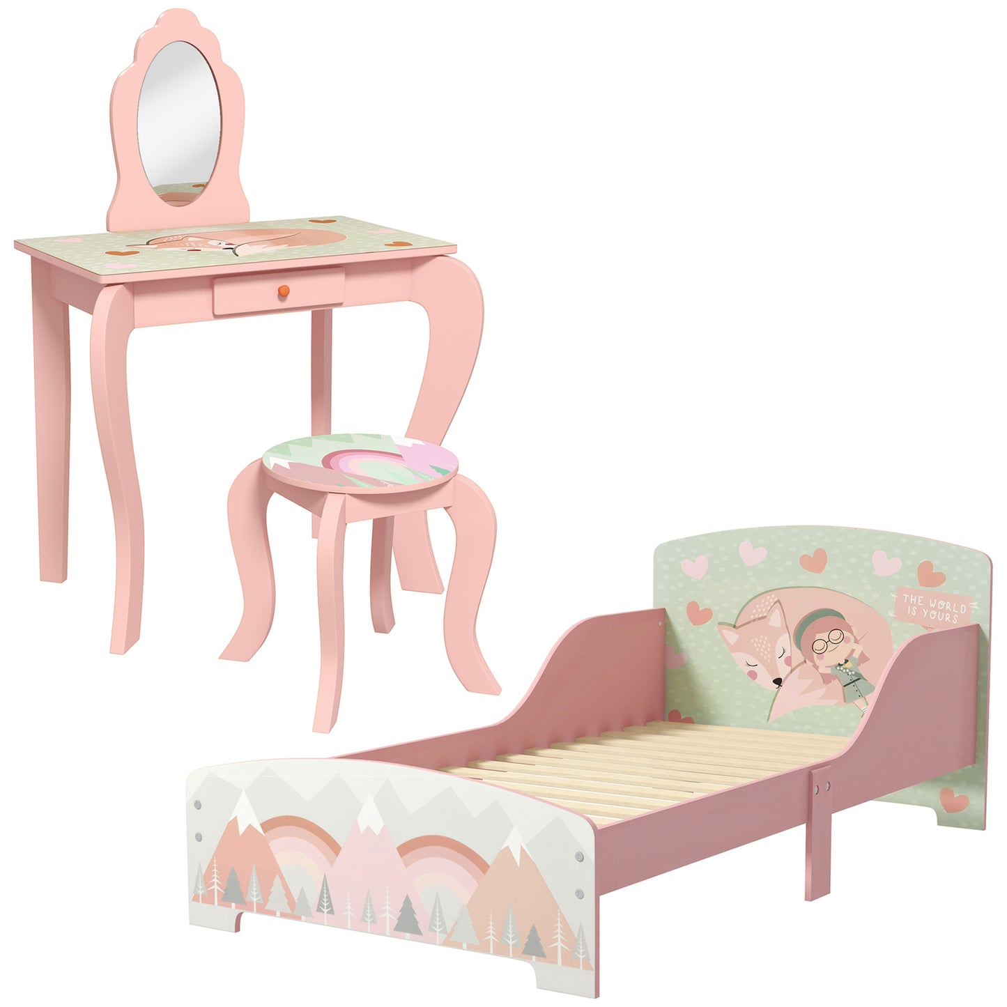 Cute Animal Design Toddler Bed Frame, Kids Dressing Table Set, Pink