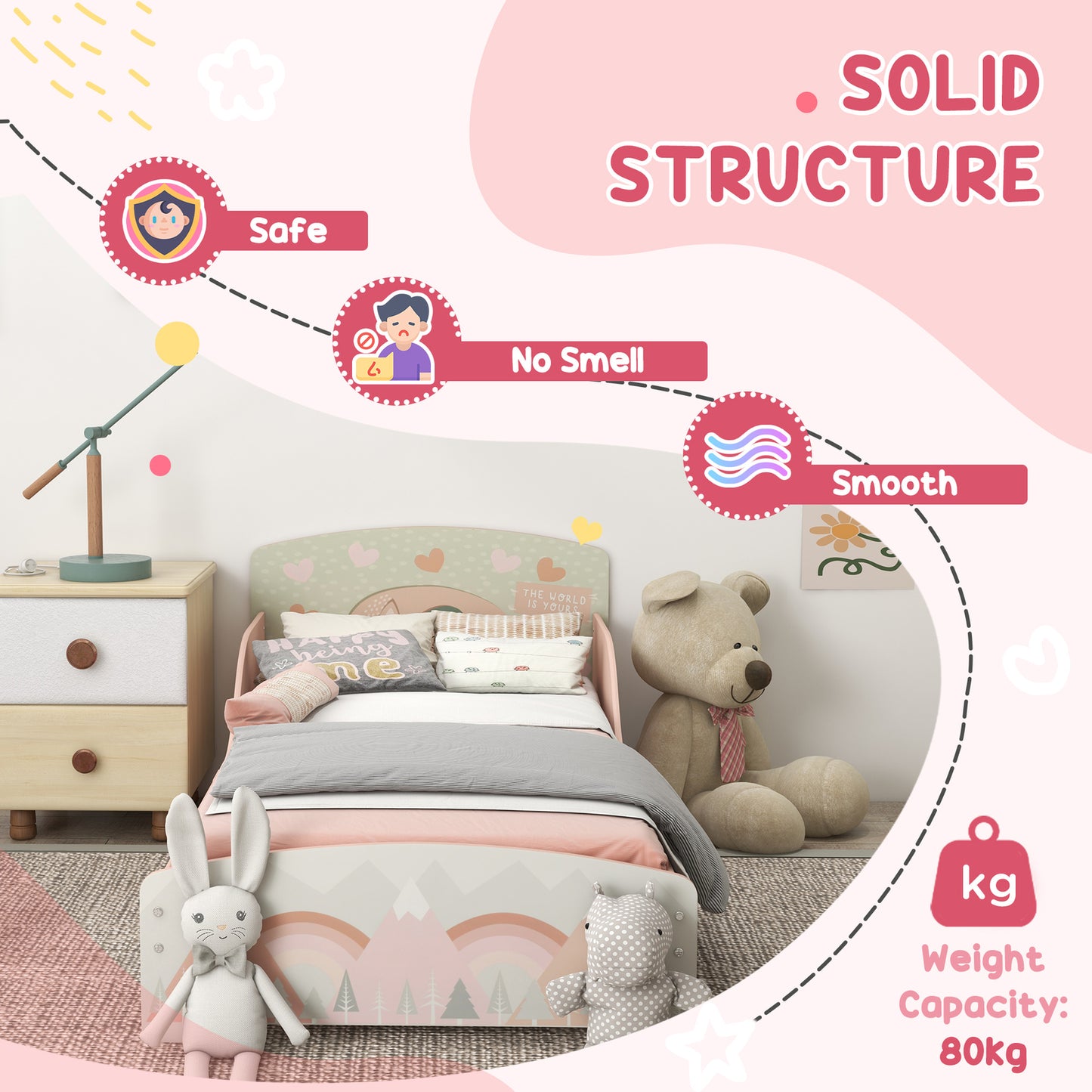Cute Animal Design Toddler Bed Frame, Kids Dressing Table Set, Pink