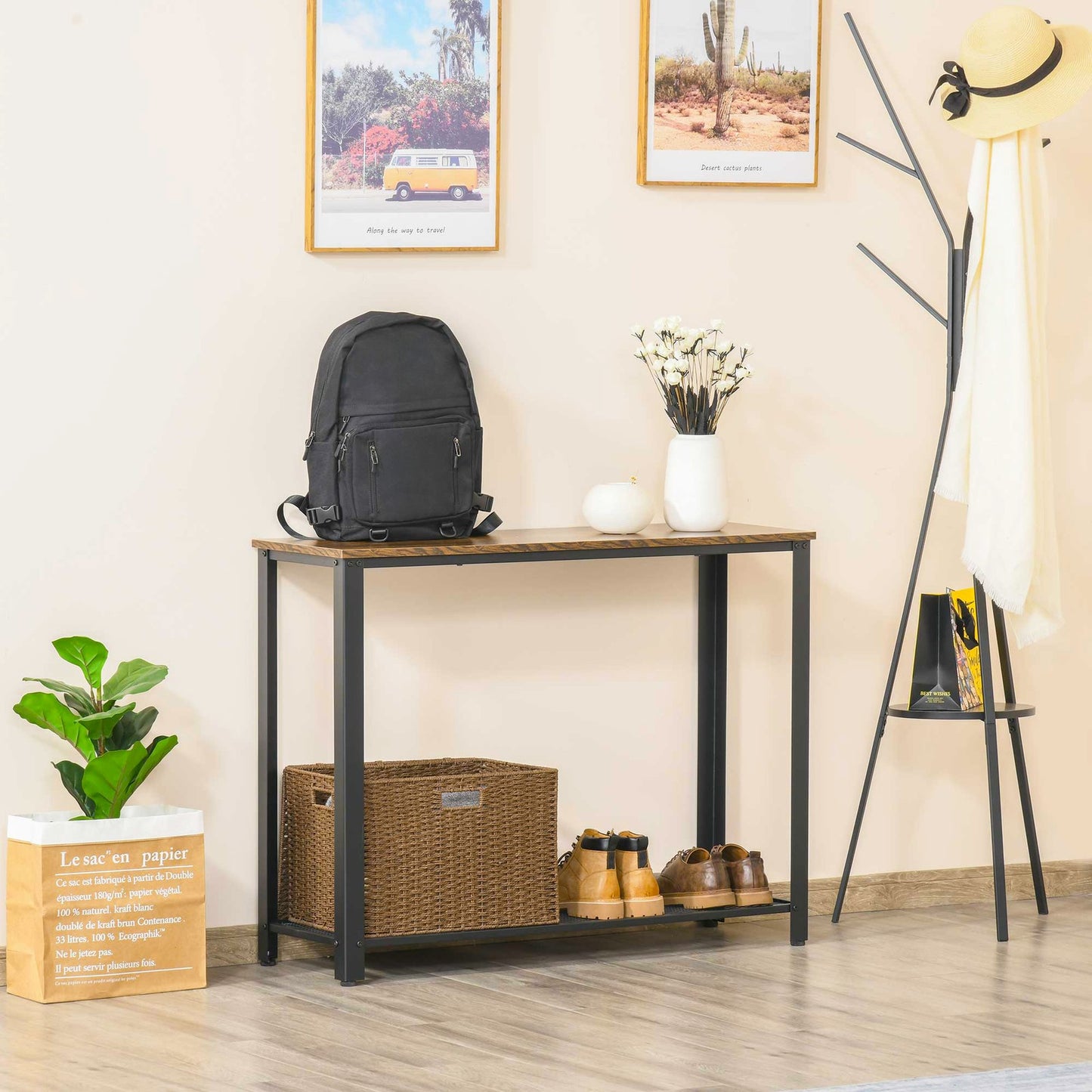 2-Tier Console Table Side/End Table W/ Mesh Shelf Entryway Hallway Furniture
