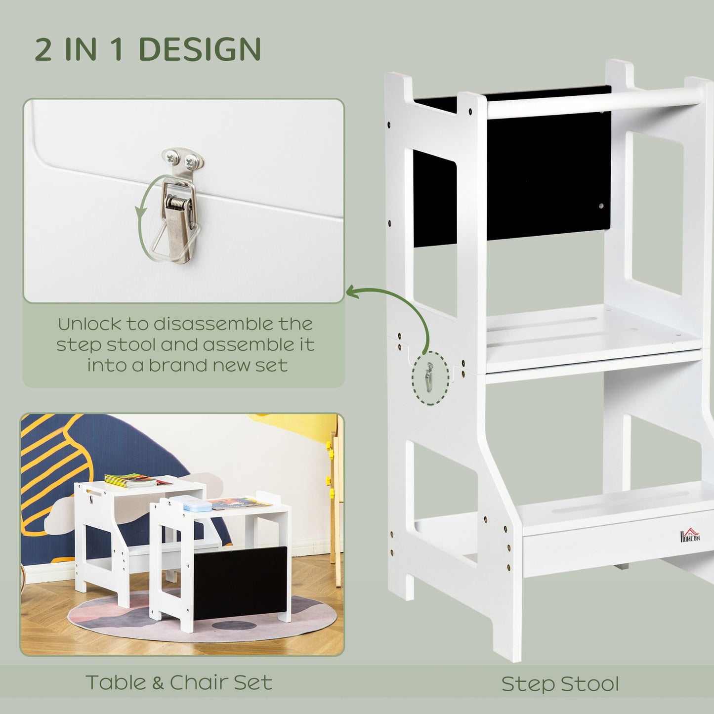 2-In-1 Kids Kitchen Step Stool Table Chair Set W/ Safety Rail Chalkboard, White