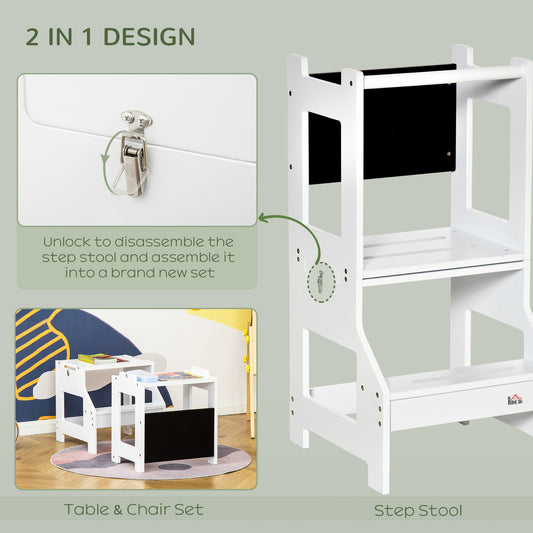 2-In-1 Kids Kitchen Step Stool Table Chair Set W/ Safety Rail Chalkboard, White