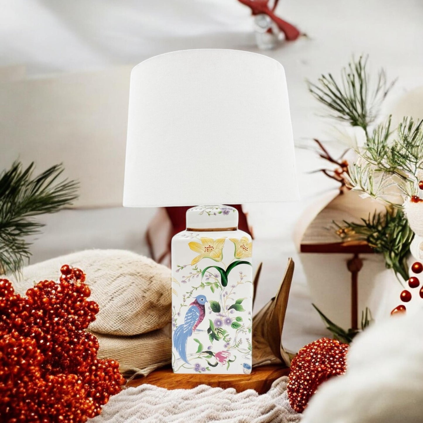 Stunning Floral Ceramic Table Lamp Pleated Shade Oriental Bird Hall Light 58Cm