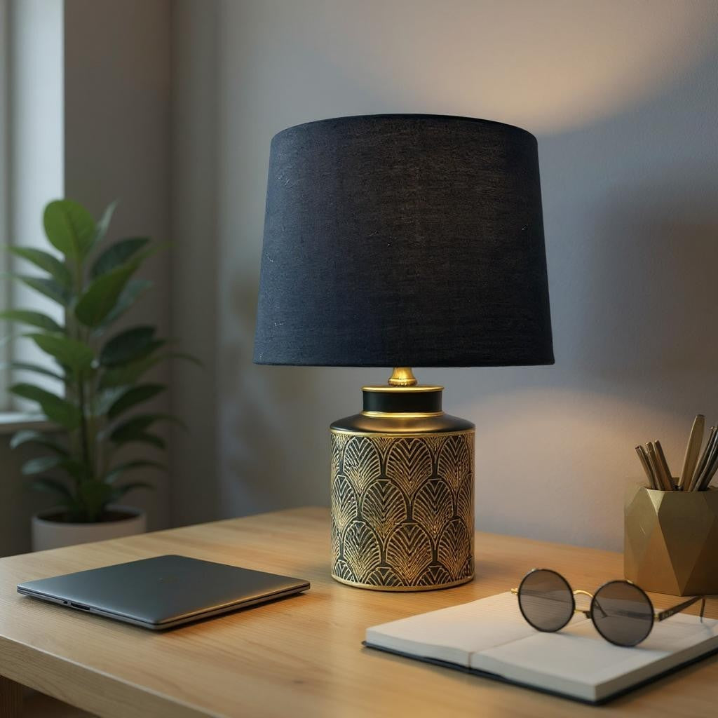 Black & Gold Modern Floral Ceramic Table Lamp Drum Shade Elegant Hall Light 50Cm